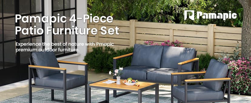 Pamapic 4 Pieces Outdoor Patio Furniture Set, Modern Metal Balcony Furniture with Plastic-Wood Coffee Table, All-Weather Patio Conversation Set with Thick Cushion for Balcony, Porch, Gray