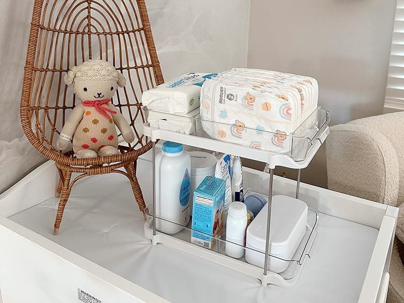 Delamu 2 Sets of 2-Tier Multi-Purpose Bathroom Under Sink Organizers and Storage, Stackable Kitchen Pantry Organization, Pull Out Medicine Cabinet Organizer with 8 Movable Dividers