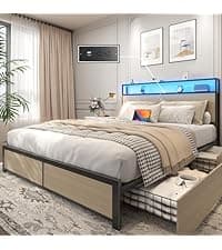Lifezone Queen Bed Frame with 2-Tier Storage Headboard, Metal Platform Bed Frame with 4 Storage Drawers, Built in Charging Station & LED, Noise-Free/Metal Support/No Box Spring Needed, Vintage Brown