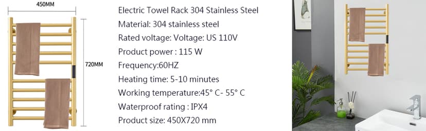 Gold Heated Towel Warmer Radiator Bathroom Accessories, Built-in Timer Temperature Control 10 Bars Electric Heated Towel Racks for Bathroom, Stainless Steel Towel Warmer Drying Rack, (Hardwired)