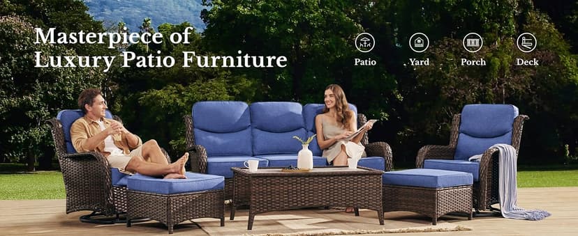 HILLGA Luxury Patio Furniture Set with 6-inch Thick Cushion, Outdoor Couch and High Back Swivel Rocker Patio Chairs, 7PCS Wicker Conversation Set for Deck Yard and Poolside, Blue (V2)