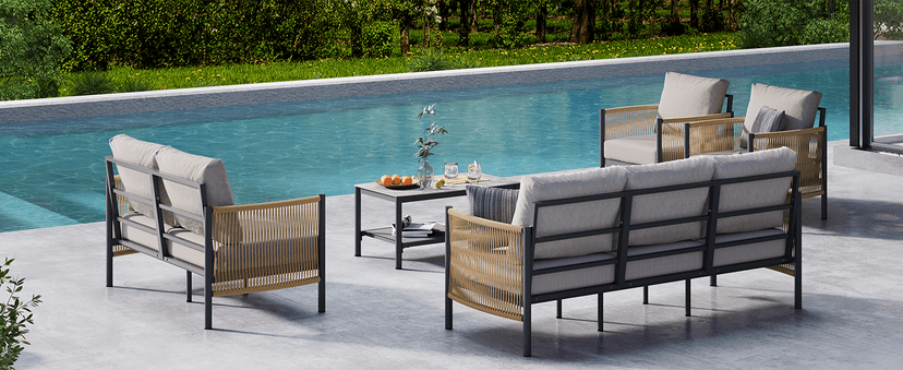 Aluminum Outdoor Patio Furniture Set, HDPE Rope 5 Piece Modern Sectional Conversation Sets with Dual-Layer Coffee Table, All Weather Patio Couch Sofa with Thick Cushions, Gray Frame, Gray