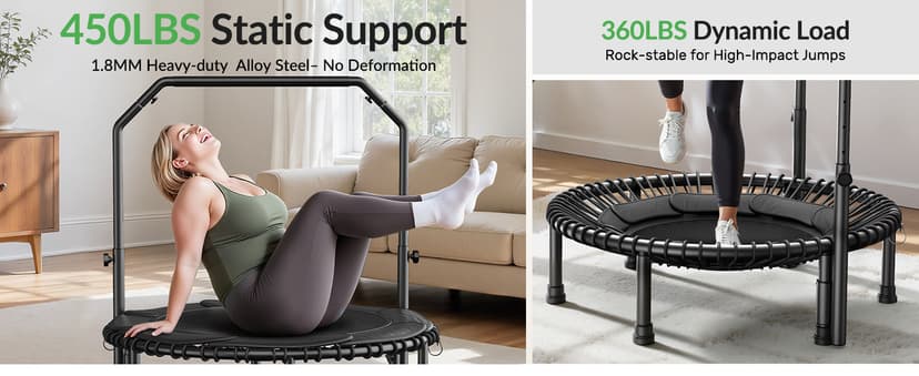 BCAN 40"/48" Mini Rebounder Trampoline for Adults with Bar, 450/550LBS Fitness Trampoline with Bungees, Adjustable Handle, Stable & Quiet, Indoor Outdoor, Whole-Body Workout & Relaxation at Home