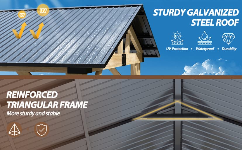 10' x 12' Wood Gazebo, Outdoor Cedar Hardtop Wooden Frame Gazebos with Galvanized Steel Roof for Garden, Patio, Deck