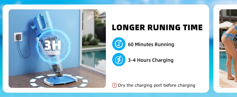 Cordless Pool Vacuum with Telescopic Pole, 26.5 gallons/min Powerful Suction, Handheld Rechargeable Swimming Pool Cleaner with 1H Running Time, Pool Vacuum for Above/In Ground Pools, Spas, Hot Tubs