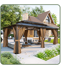 Aoxun 12'x10' Hardtop Gazebo, Aluminum Frame Permanent Pavilion with Curtains and Netting, Outdoor Polycarbonate Double Roof Canopy, Designed for Garden, Lawns, Patio, Brown