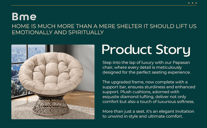 Bme 40" Ergonomic Wicker Papasan Chair with Soft Thick Density Fabric Cushion, High Capacity Steel Frame, 360 Degree Swivel for Living, Bedroom, Reading Room, Lounge, Sepia Sand - Brown Base