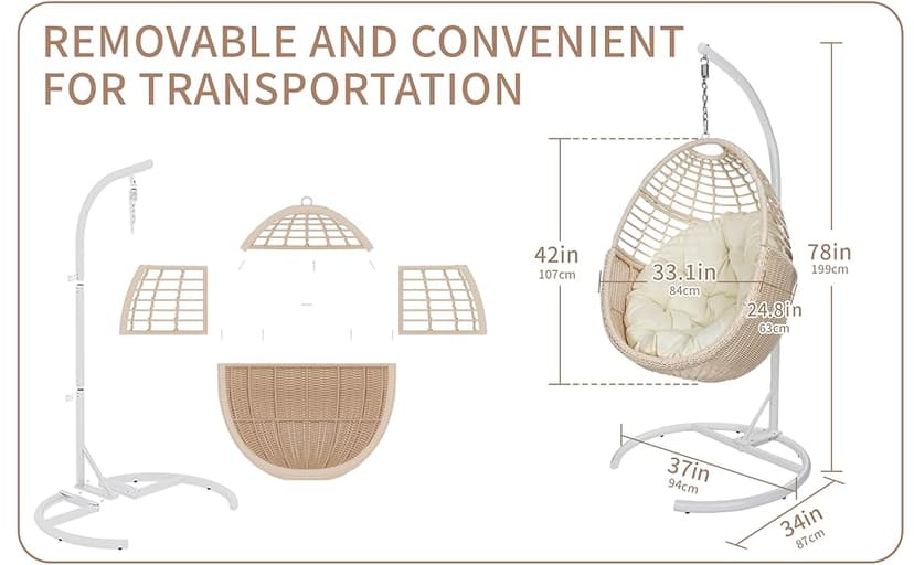 TWT Egg Swing Chair with Stand Hanging Egg Chair Outdoor - Rattan Wicker Patio Hanging Basket Chair Hammock Chair with Metal Frame and UV Resistant Cushion for Indoor Bedroom Balcony (Beige)