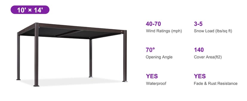 PURPLE LEAF 10' x 14' Louvered Pergola Outdoor Adjustable Louvre Shade Modern Patio Aluminum Pergola with Retractable Roof for Deck Backyard Garden Hardtop Gazebo
