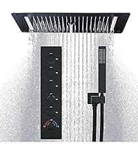HOMEDEC Luxury Full Body Shower Jets System, 15x28inch Rain Shower Faucet Set Combo with 4pcs Adjustable Large Body Jet with Handheld Spray (Matte Black, 3 Functions Shower Head)