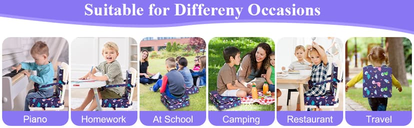 Toddler Booster Seat for Dining Table, Dinosaur Booster Seat for Table with Backrest and Adjustable Seat Belts Non-Slip Bottom Portable Booster Seat Increasing Cushion for Kid Baby Eating Travel Home