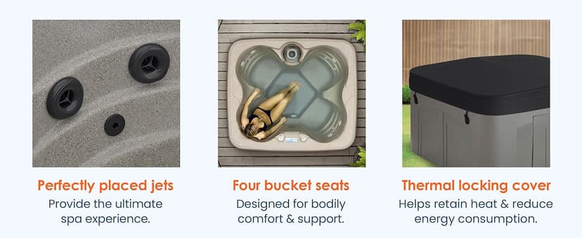 LifeSmart 4-Person Hot Tub with 13 High-Powered Jets & LED Lighting, Square, Taupe - Outdoor Spa w/ 4 Bucket Seats, Pump & Cover, 205-Gallon Water Capacity