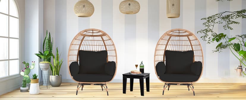 Oversized Wicker Egg Chair Set of 2, Outdoor Indoor Lounger with 4 Cushions, 440lb Capacity, Egg Basket Chair for Living Room, Backyard, Balcony, Patio, Black