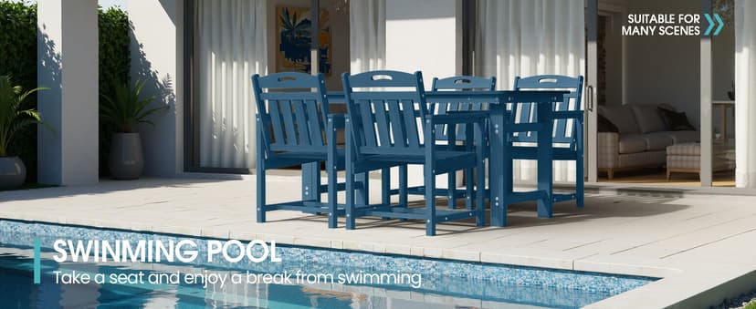 HDPE Outdoor Dining Set, 7 Piece Patio Table and Chairs Set with 2" Umbrella Hole, All Weather Patio Furniture for 6 Person in Garden, Backyard, Deck | Matte Black