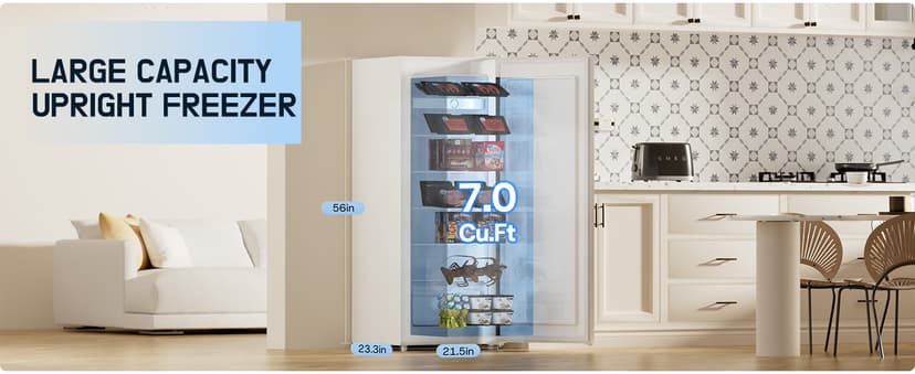 Upstreman 7.0 Cu.Ft Upright Freezer Large Capacity Convertible Refrigerator/Freezer, 5 Adjustable Shelves, Energy Efficient, Garage Ready, Reversible Door for Basement, Dorm, Apartment,White