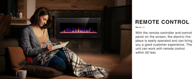 R.W.FLAME 60" Recessed and Wall Mounted Electric Fireplace, Low Noise, Fit for 2 x 6 Stud, Remote Control with Timer, Touch Screen, Adjustable Flame Color and Speed, 750-1500W