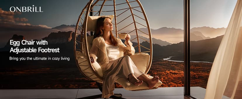 Hanging Egg Chair with Adjustable Footrest & Stand, Wicker Rattan Swing Hammock Chair with Cushion & Double Chains, 350LBS Capacity for Outdoor & Indoor Patio, Deck, Bedroom, Balcony (YE-BE)