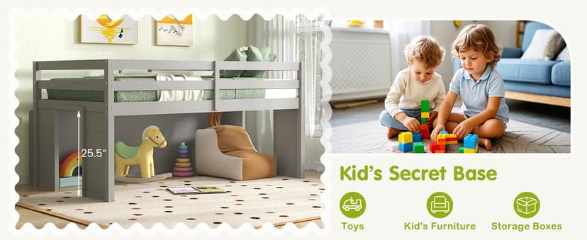 Giantex Low Loft Bed with LED Lights, Wooden Loft Bed Twin Size with Stairs & Safety Guardrail, Loft Bed for Kids with Storage Bookcase and Under-Bed Play Space, Grey