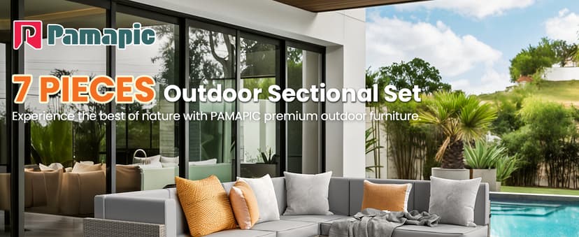 Pamapic 7-Piece Outdoor Sectional Furniture Set, All-Weather Wicker Patio Sofa with Washable Cushions, Gray Waterproof Rattan Conversation Set for Backyard, Poolside, Garden (Gray Cushions)
