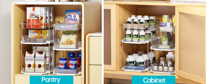 Delamu 2 Sets of 3-Tier Bathroom Under Sink Organizers and Storage, Multi-Purpose Stackable Pantry Organization and Storage, Pull Out Clear Kitchen Bathroom Cabinet Organizer with Movable Dividers