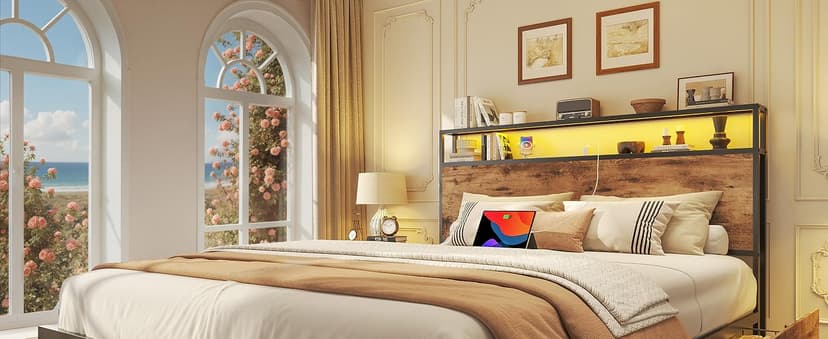 Lifezone Queen Bed Frame with 2-Tier Storage Headboard, Metal Platform Bed Frame with 4 Storage Drawers, Built in Charging Station & LED, Noise-Free/Metal Support/No Box Spring Needed, Vintage Brown