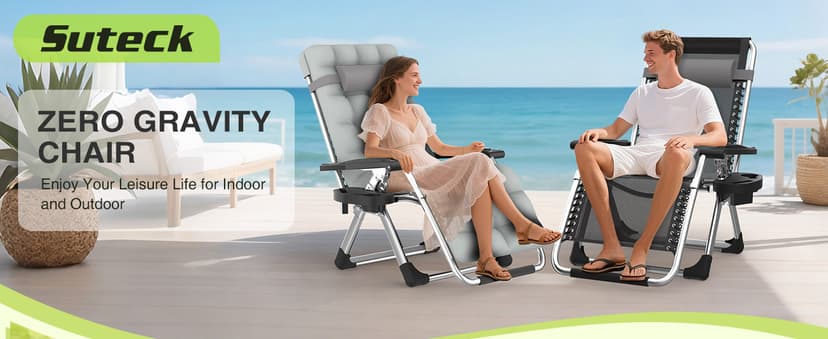 Suteck Zero Gravity Chair, Reclining Camping Lounge Chair w/Removable Cushion, Upgraded Lock and Cup Holder, Reclining Patio Chairs Folding Recliner for Indoor and Outdoor