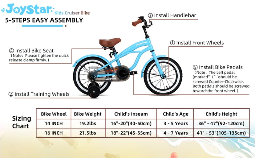 JOYSTAR 12 14 16 Inch Kids Cruiser Bike for Ages 2-7 Years Old Girls & Boys, Children's Bicycle with Training Wheels, Coaster Brake, Fenders & Adjustable Seat