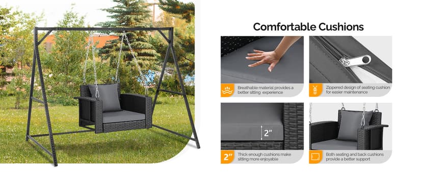 VINGLI 2.2 FT 1-Person Use Rattan Porch Swing Outdoor Support 440 LBS with Cushions & Adjustable Chains, Patio Wicker Swing Bench Chair for Garden, Yard, Lawn, Tree, Black