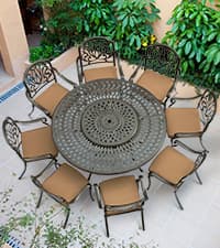 VIVIJASON 9-Piece Outdoor Furniture Dining Set, All-Weather Cast Aluminum Patio Conversation Set, Include 8 Cushioned Chairs and an Oval Table with Umbrella Hole for Balcony Lawn Garden Backyard