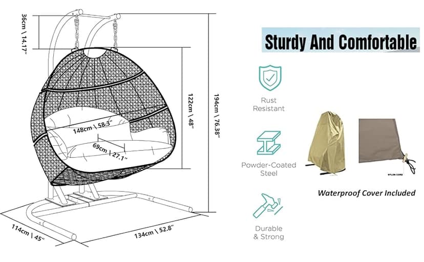 Double Egg Chair with Stand, 2 Person Heavy Duty Hanging Wicker Rattan Swinging Chair Hammock Nest Chair for Indoor Outdoor Patio Lounger Swinging Loveseat Perfect for Balcony Garden - Dust Blue