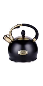 SUSTEAS Stove Top Whistling Tea Kettle - Food Grade Stainless Steel Teakettle Teapot with Cool Touch Ergonomic Handle, With 1 Silicone Pinch Mitt Included, 2.64 Quart(BLACK)