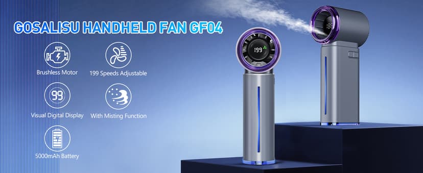 Portable Misting Fan - Mini Handheld Fan - 5000mAh Rechargeable Personal Mister Fans with Digital Display, 1-199 Speeds Adjustable, Birthday Gifts for Women Men Travel/Outdoor/Home/Office (Grey)