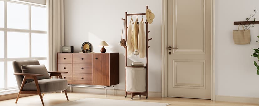 Solid Wood Coat Rack with Fabric Basket - Coat Hanger Stand Coat Tree Rack Freestanding with 9 Hooks Wheels, Small Clothes Rack For Entryway Bedroom Hallway Living Room