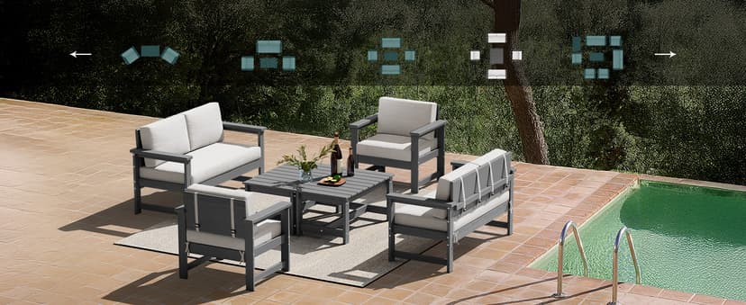 SERWALL 5 Pieces HDPE Outdoor Sofa Set with Cushions, All Weather Use Patio Conversation Couch Loveseat Furniture with Coffee Table for Balcony, Deck, Poolside, Grey Frame with Khaki Cushions