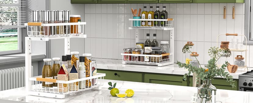 Under Sink Organizer 2 pack, 2 Tier Slide Out Under Sink Organizers And Storage, Height Adjustable Pull Out Cabinet Drawers, Kithcen Bathroom Metal Storage Caddy Shelf, White