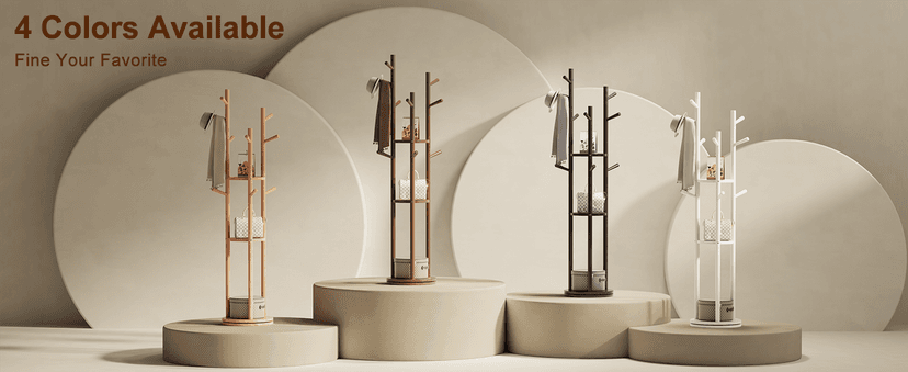 Solid Wood Rotary Coat Rack, Freestanding Coat Rack with 3 Shelves and 9 Hooks, Coat tree for Bedroom, Entryway, Livingroom, Coat Hanger Stand for Coats, Scarves, Handbags (Walnut)