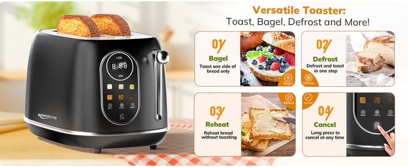 Keenstone Smart Touch Screen Toaster 2 Slice, Retro Wide Slot Stainless Steel Toaster with 6 Browning Levels, Reheat & Defrost, for Bagel, Toast, Bread, Removable Crumb Tray, Black