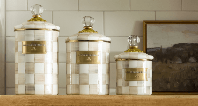 MACKENZIE-CHILDS Enamel Whistling Tea Kettle, Decorative Teapot for Stovetop, Brown-and-White Mocha Check