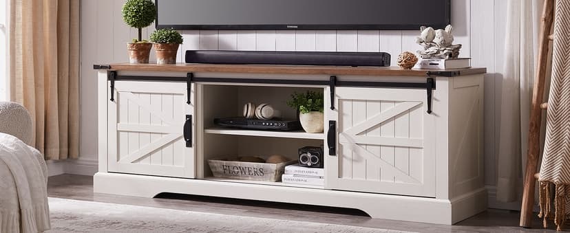 OKD Farmhouse TV Stand for 75 Inch TV with Sliding Barn Door, Rustic Wood Entertainment Center Large Media Console Cabinet Long Television Stands for 70 Inch TVs, Antique White