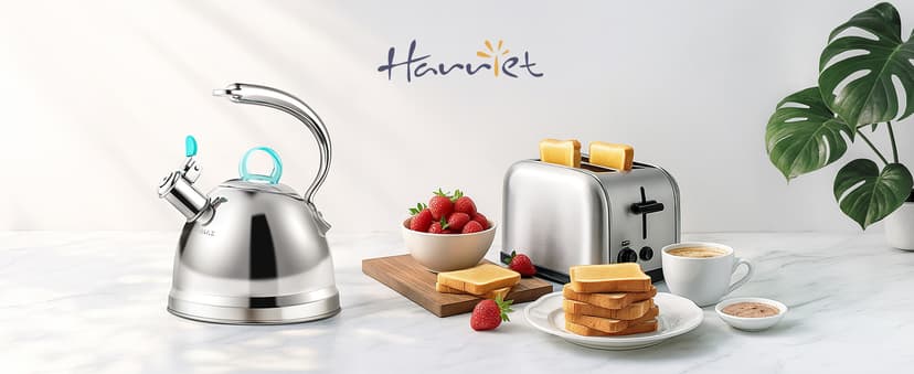 Harriet Tea Kettle Stovetop, 2.5 Quart Whistling Stainless Steel Tea Pot, 3-Layer Base, Unique Ergonomic Handle, Includes Pot Holder & Mat, Electric/Induction/Gas Stovetops Applicable, Mirror Finish