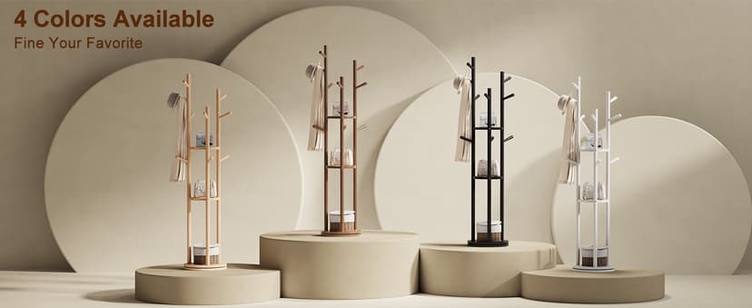 KungFuWood Coat Rack, Solid Wood Rotary Coat Rack Stand, Freestanding Coat Rack with 3 Shelves and 9 Hooks, Sturdy and Easy to Assemble Coat Tree for Entryway, Bedroom, Coats, Bags (Black)