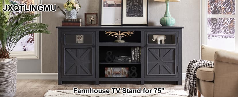 JXQTLINGMU Farmhouse TV Stand for 75 Inch TV, Entertainment Center with Storage, Rustic TV Cabinet with Barn Doors, 66" TV Console for Living Room, Adjustable Shelf - Black