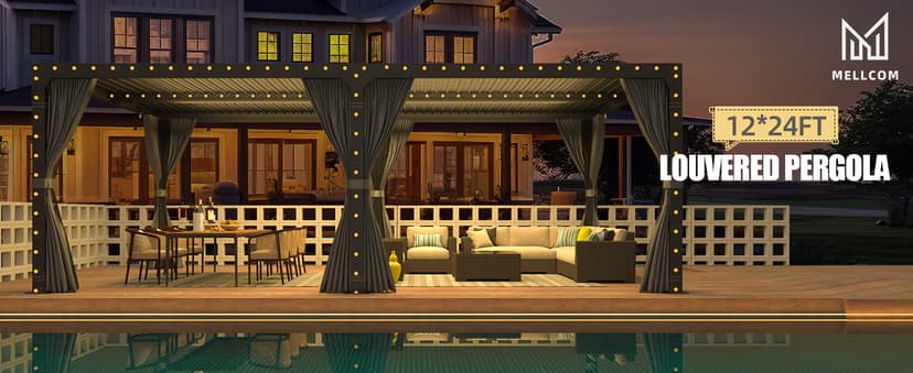 MELLCOM Louvered Pergola 12x24, Aluminum With Adjustable Roof, Outdoor With Waterproof Curtains and Nets, Dark Grey