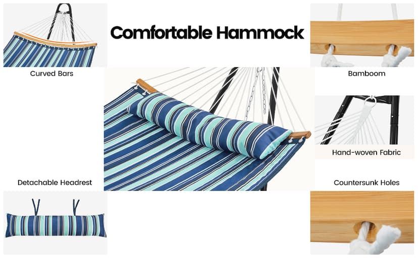 Yaheetech Hammock with Stand Set, Heavy-Duty Steel Hammock Stand for 2-3 People Outdoor, Porch, Patio, Deck and Backyard, Max Weight Capacity 475LB - Blue Stripe