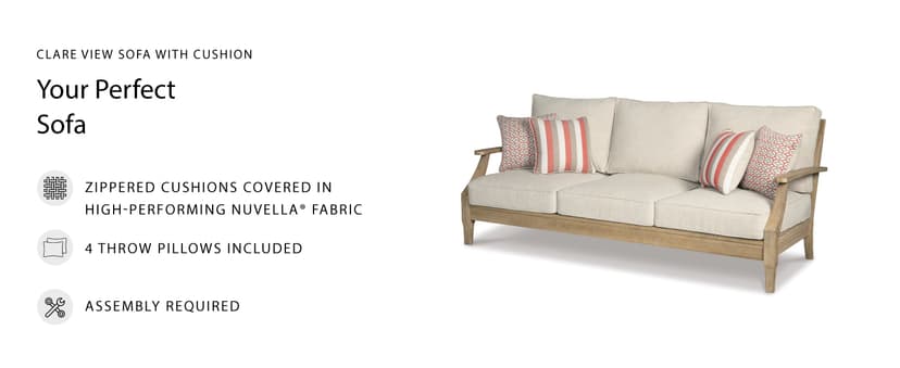 Signature Design by Ashley Clare View Coastal Outdoor Patio Eucalyptus Sofa with Cushions, Beige