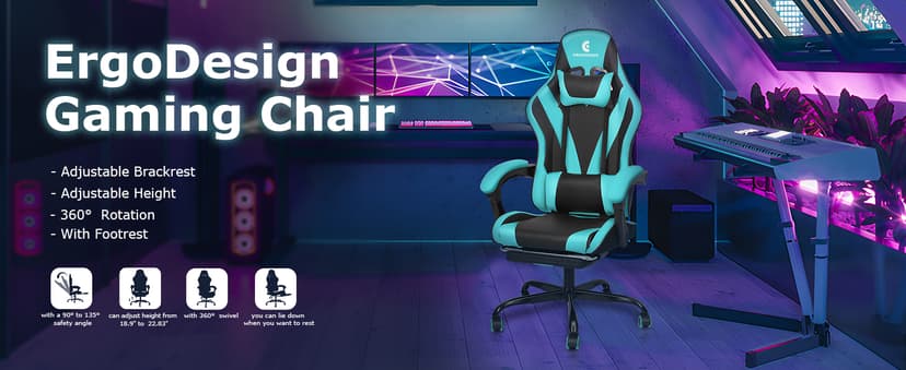 Gaming Chair with Linkage Armrest & Footrest, High Back Video Gaming Chair, Black/Grey