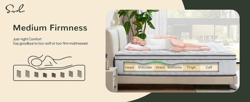 12 Inch Queen Size Hybrid Mattress with Cooling Gel and Individual Pocket Springs for Motion Isolation & Edge Support, Medium Firmness for Pressure Relief, CertiPUR-US Certified, in a Box