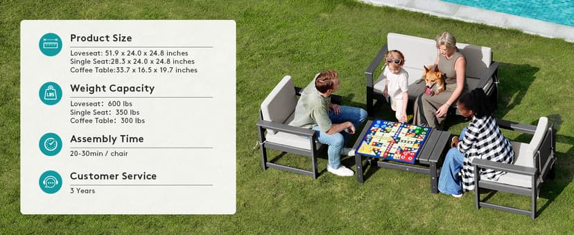 SERWALL 5 Pieces HDPE Outdoor Sofa Set with Cushions, All Weather Use Patio Conversation Couch Loveseat Furniture with Coffee Table for Balcony, Deck, Poolside, Grey Frame with Khaki Cushions