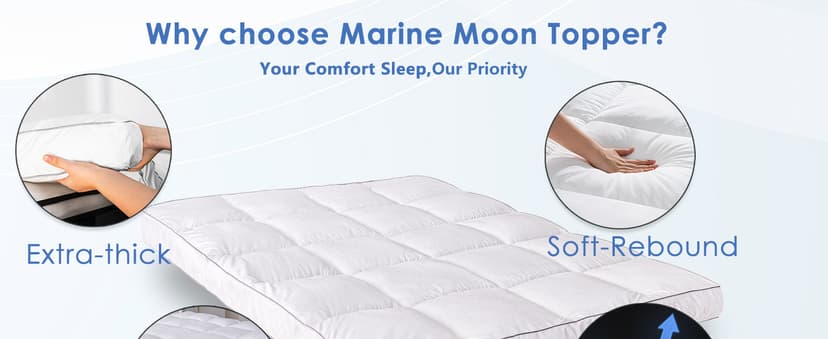 Marine Moon Mattress Topper King, Cooling Plush Pillow Top, Extra Thick Hotel Quality Down Alternative Filled, Softest Fluffy Mattress Toppers for Back Pain