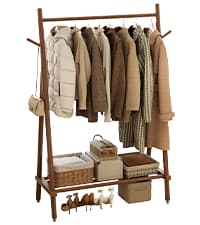 Solid Wood Rotary Coat Rack, Freestanding Coat Rack with 3 Shelves and 9 Hooks, Coat tree for Bedroom, Entryway, Livingroom, Coat Hanger Stand for Coats, Scarves, Handbags (Walnut)